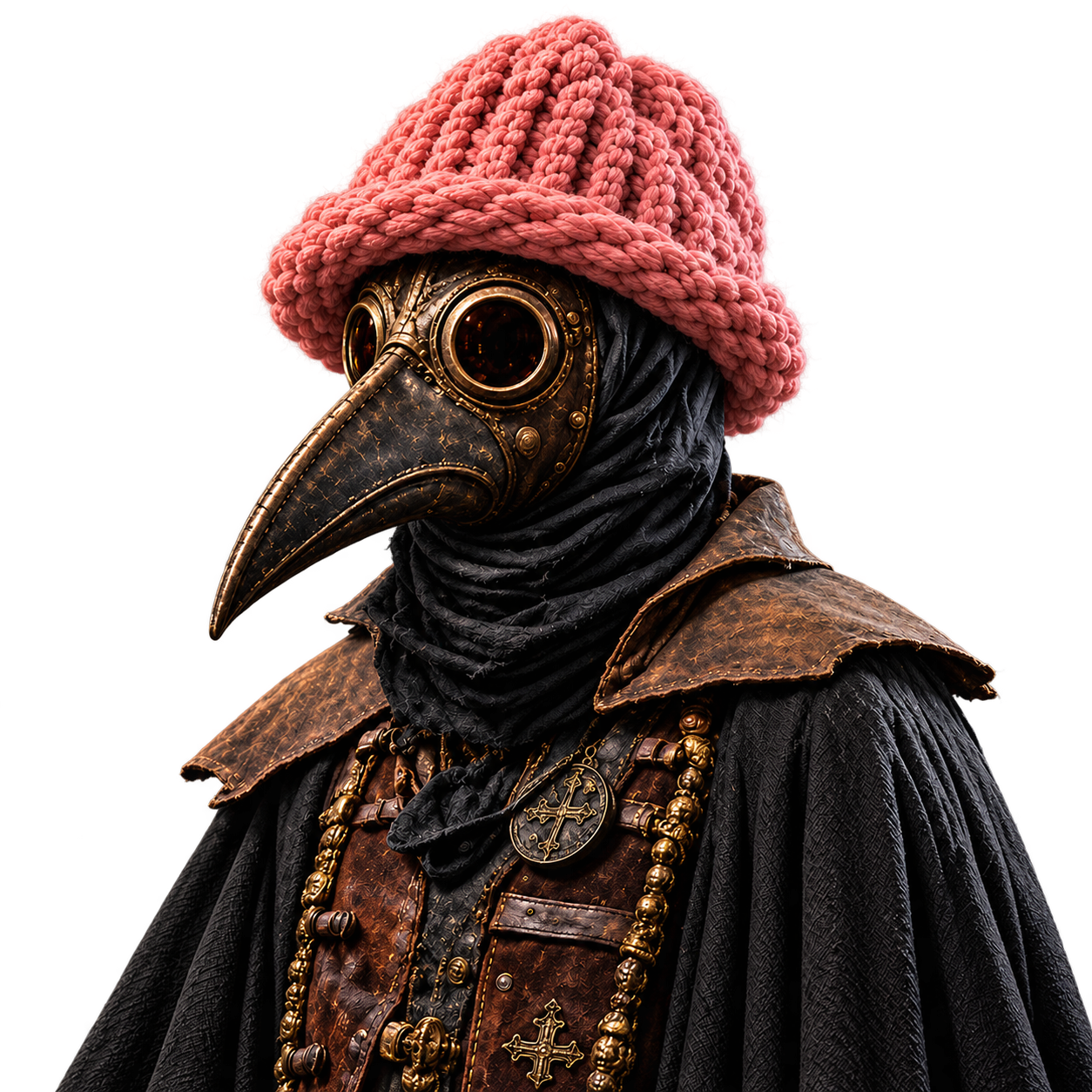 Dr. WIF, the plague-doctor crow wearing his pink knitted WIF hat
